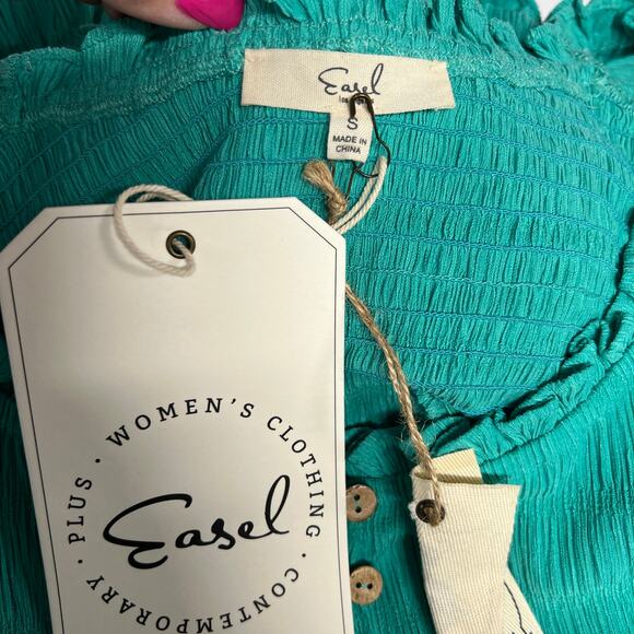 Easel Puff Sleeve Tiered Mini Babydoll Dress Green Small Flowy Romantic Boho NWT - Picture 5 of 13